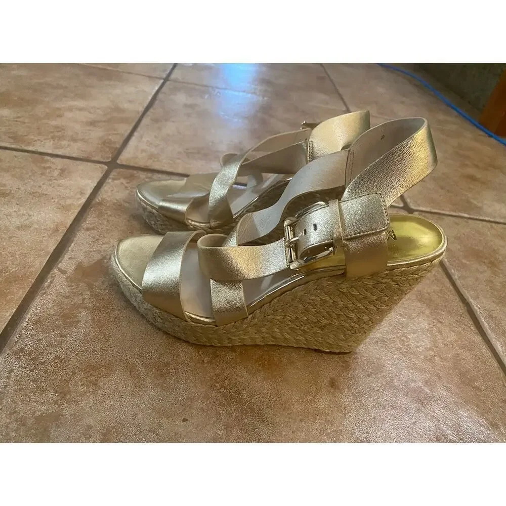 MICHAEL KORS Metallic Gold Leather Ankle Strap Espadrille Wedge Sandal 9.5M